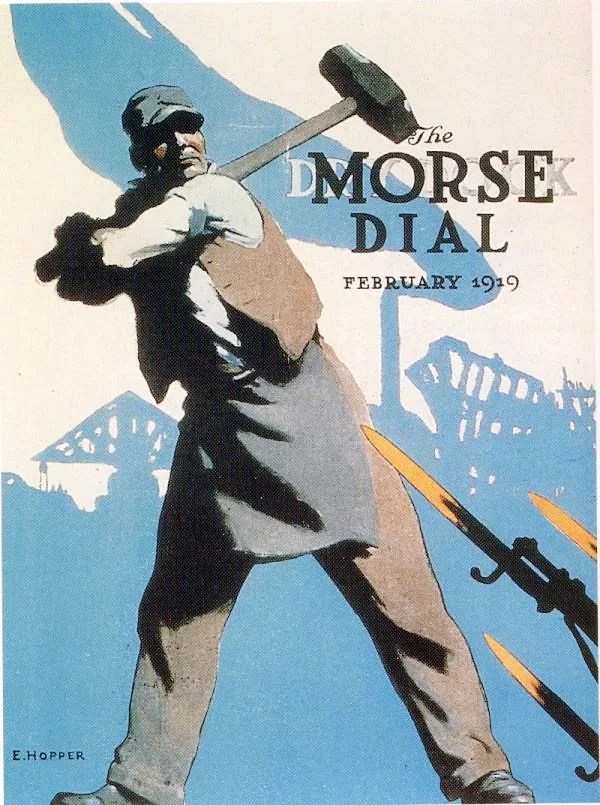 "Ilustración comercial de Edward Hopper. Smash the Hun, 1918| Portada para The Morse Dry Dock Dial (February 1919)"