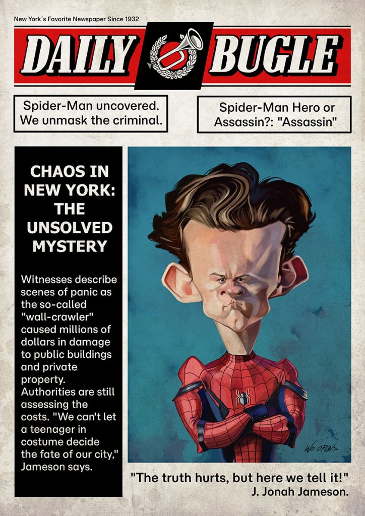 "Portada del Daily Bugle con una caricatura de Tom Holland como Spiderman"