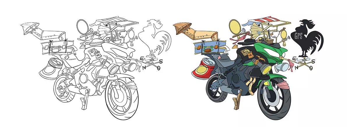 "Proceso del dibujo de una moto en caricatura"