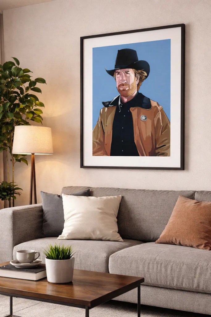 cuadro de Chuck Norris ilustrado con marco negro decoración de salón estilo moderno