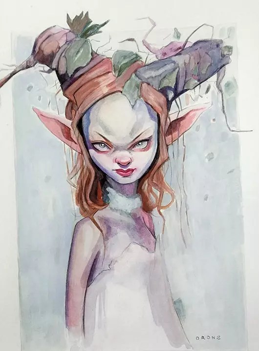 "Hada niña con ramas de árbol como cuernos"