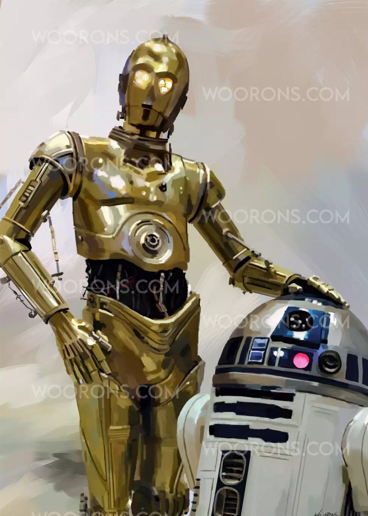 "Pintura de c3po y r2d2, del universo, star wars"