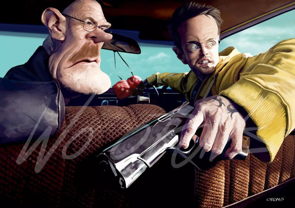 "Caricatura de Bryan Cranston y Aaron paul, en la serie Breaking Bad"