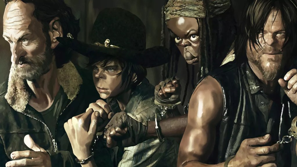 "Caricatura de personajes de la serie The Walking Dead"