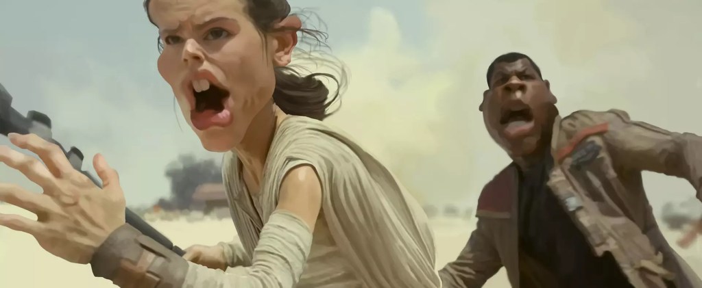 "Caricatura de una escena de la película el Despertar de la Fuerza, de la saga Star Wars"
