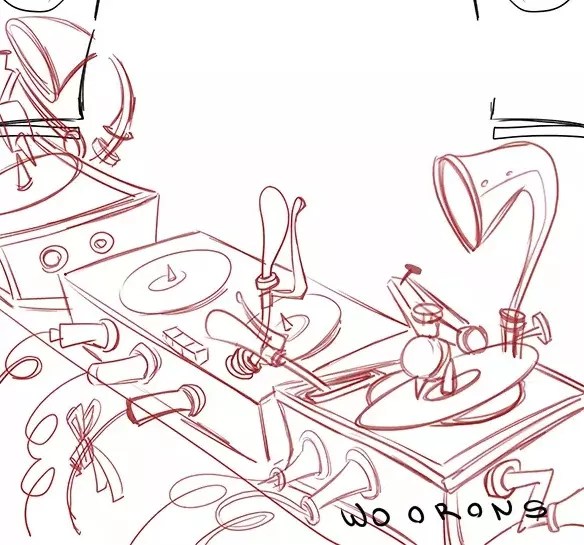 "Boceto de una mesa de mezclas para una caricatura de un disk-jockey"