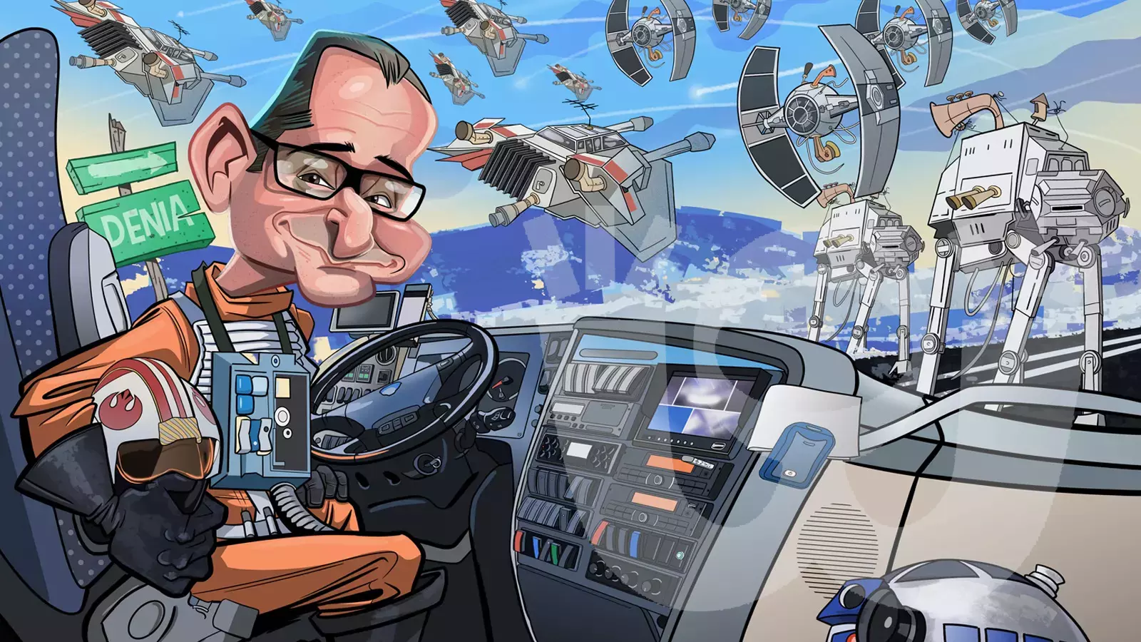"Caricatura personalizada, hecha por encargo a partir de una foto, para un cliente, fan de Star Wars, con los AT-Attac, naves de Star Wars y R2D2"