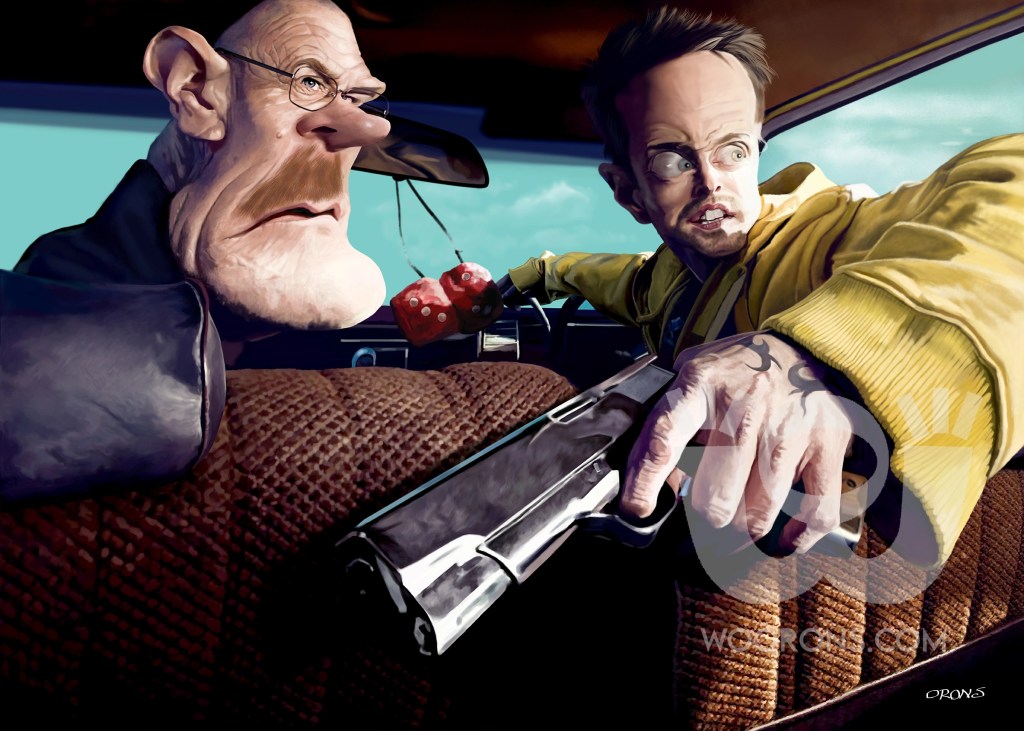 "Caricatura de Bryan Cranston y Aaron paul, en la serie Breaking Bad"