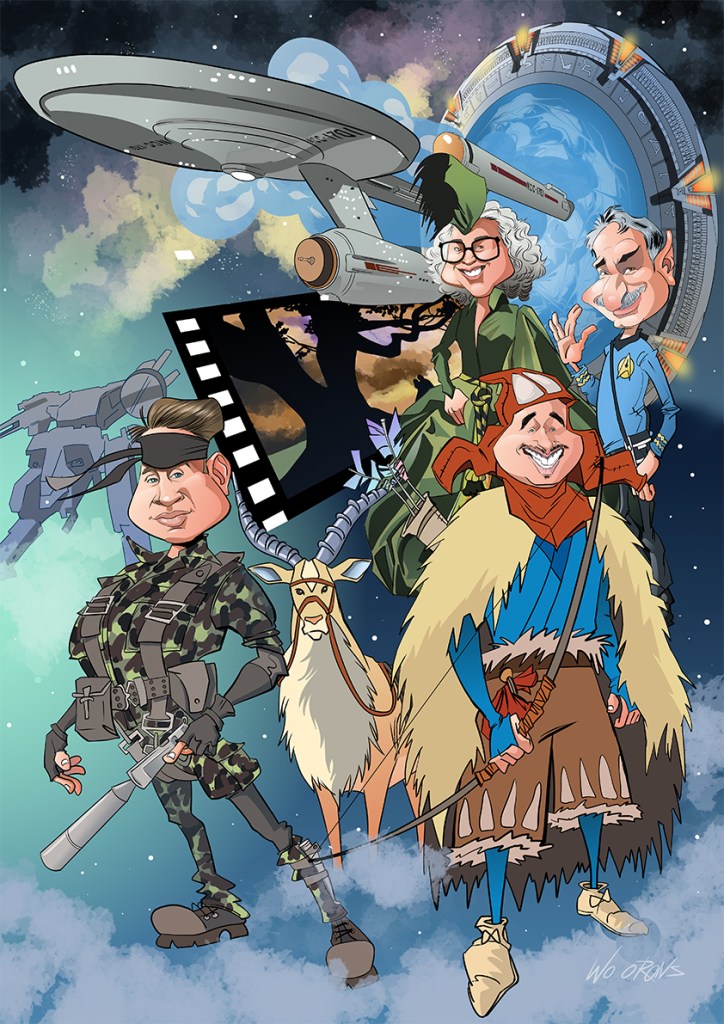 Caricatura cinematográfica personalizada inspirada en Stargate con referencias a Mononoke, Star Trek, Lo que el viento se llevó y Metal Gear